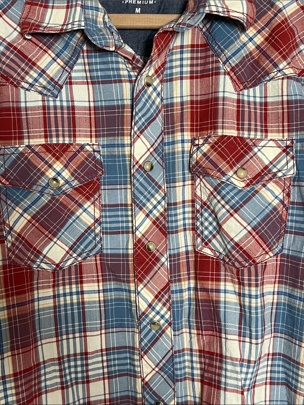 Wrangler Retro Red, Blue & Cream Plaid Western Shirt Snap Buttons Medium - Picture 5 of 7